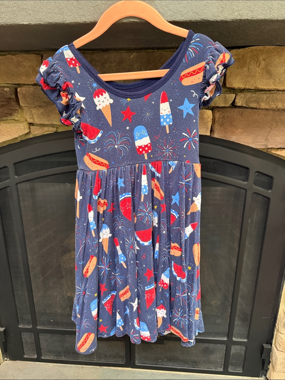 Little Sleepies Navy Red White Blue Popsicle & Hot Dog Ruffle Sleeve Dress